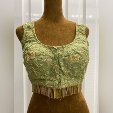 Green Ethnic Lehenga Saree Embroidered Cropped Top:Ceremony Wedding Formal Boho