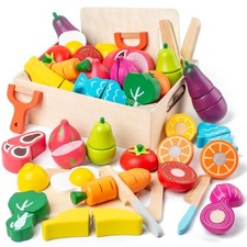 32 Pcs Wooden Play Food Sets for Kids Kitchen Accessories, Montessori Educati...