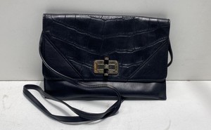 Diane von Furstenberg Black Leather Croc Embossed Flap Crossbody Shoulder Bag