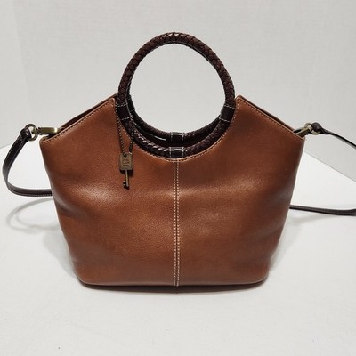 Vtg Fossil Brown Leather Crossbody Purse Round Braided Handles Removable Strap