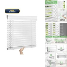SEEYE Faux Wood Blinds 70x60 White Cordless Room Darkening Crown Valance
