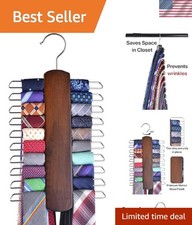 Space-Saving Walnut Wood Organizer with 20 Rotatable Hooks - Tie Scarf Holder