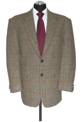 Harris Tweed Sakko Jackett 27 grau beige kariert einreihig 2-Knopf Lederknöpfe