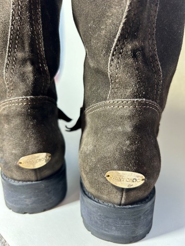 JIMMY CHOO Size 9.5 Suede Biker Mid Calf Boots Brown Distressed Moto Buckle - Picture 5 of 9