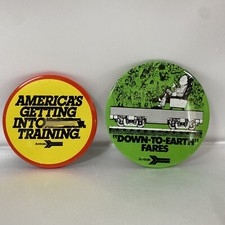 Amtrak Button Pins Down To Earth Fares America's Getting Into Training Train Vtg