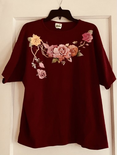 Vintage Tshirt Y-Tex Knit Burgundy XL Bees floral graphics Made In USA 90s - Picture 2 of 8