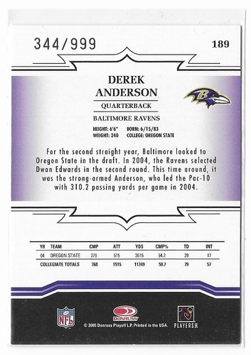 Derek Anderson 2005 Donruss Throwback Threads Rookie #189 /999 Ravens Numbered - Picture 2 of 2