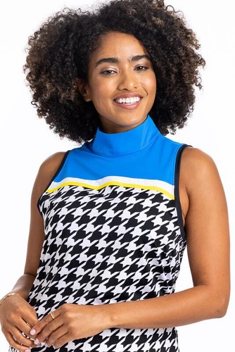 Kinona Womens Smolder Shoulder Mock Neck Sleeveles Golf Dress Houndstooth Blue L - Imagen 3 de 5