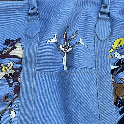 Vtg Looney Tunes Denim Duffel Travel Bag Bugs Tweety Taz Daffy Carry All 1993 WB - Picture 4 of 15