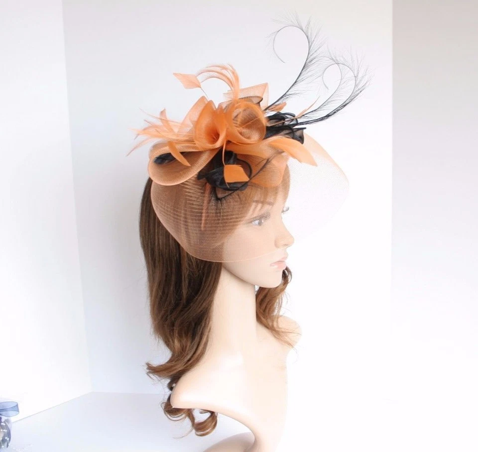 High Quality Kentucky Derby Wedding Polyester Feather Fascinator Orange/Black - Image 3 of 4