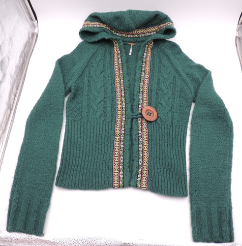Free People BOHO Cardigan Sweater Green Button Cable Knit Hood Wool/Acrylic LRG