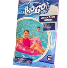 Bestway Glitter Swim Ring Inflatable Pool Float Tube Pink Heart Sparkle 31"x36"