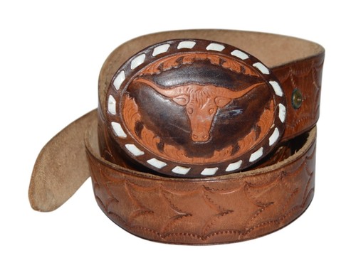 Vintage Leder Gürtel & Schnalle Lenkung 44 handbesetzt braun Cowboy Western - Bild 1 von 11