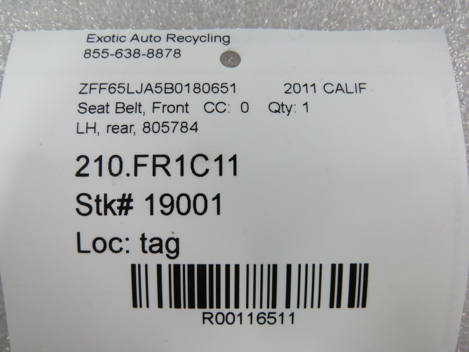Ferrari California, LH, Left Rear Seat Belt, With Buckle, Used, P/N 805784