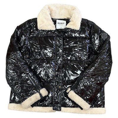 DKNY Sport Puffer Jacke Mantel Trichterkragen Fleecebesatz Winter schwarz Damen XL