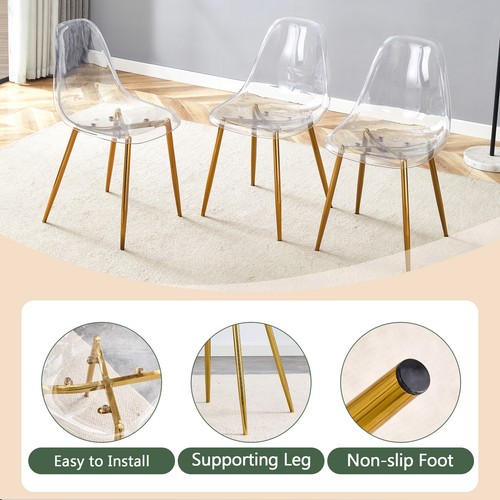 Transparent Dining Chairs Set of 3 Kitchen Plastic Chairs Chair Gold Metal Legs - Picture 6 of 21