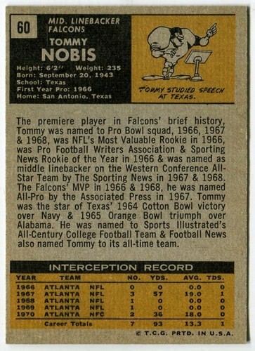 1971 Topps #60 Tommy Nobis Atlanta Falcons - Foto 2 di 2