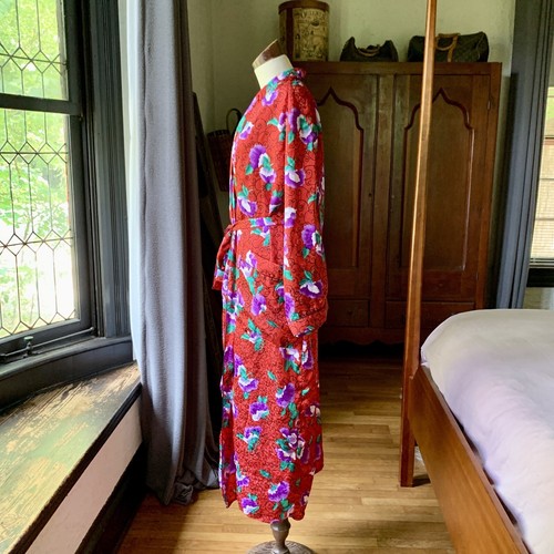 Vintage MARYANN'S BOUTIQUE Liquid Satin Red Floral Long ROBE Hong Kong SMALL - 第 7/14 張圖片