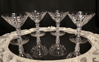 4 Seneca REGINA Block Cut Crystal Champagne Coupes Dessert Cups Glasses Set