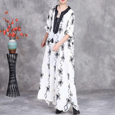 Women Cotton Handmade Embroidered Dress Loose V-neck Long-sleeved New Maxi  Gown | eBay