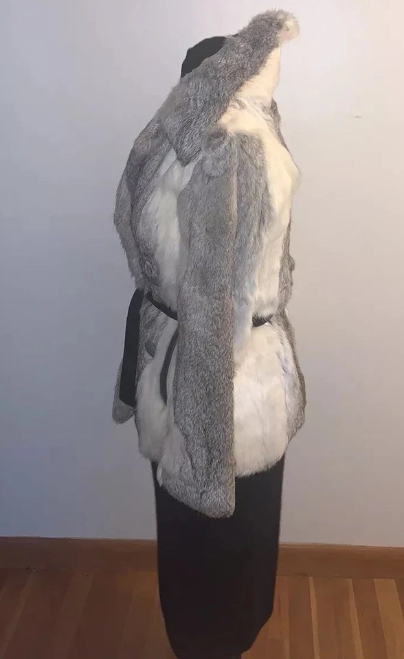 Abrigo I J Fox Boston Blanco Gris Piel de Conejo Guisante Extraíble Cinturón Botón Bolsillo Pequeño Foto 2 de 4