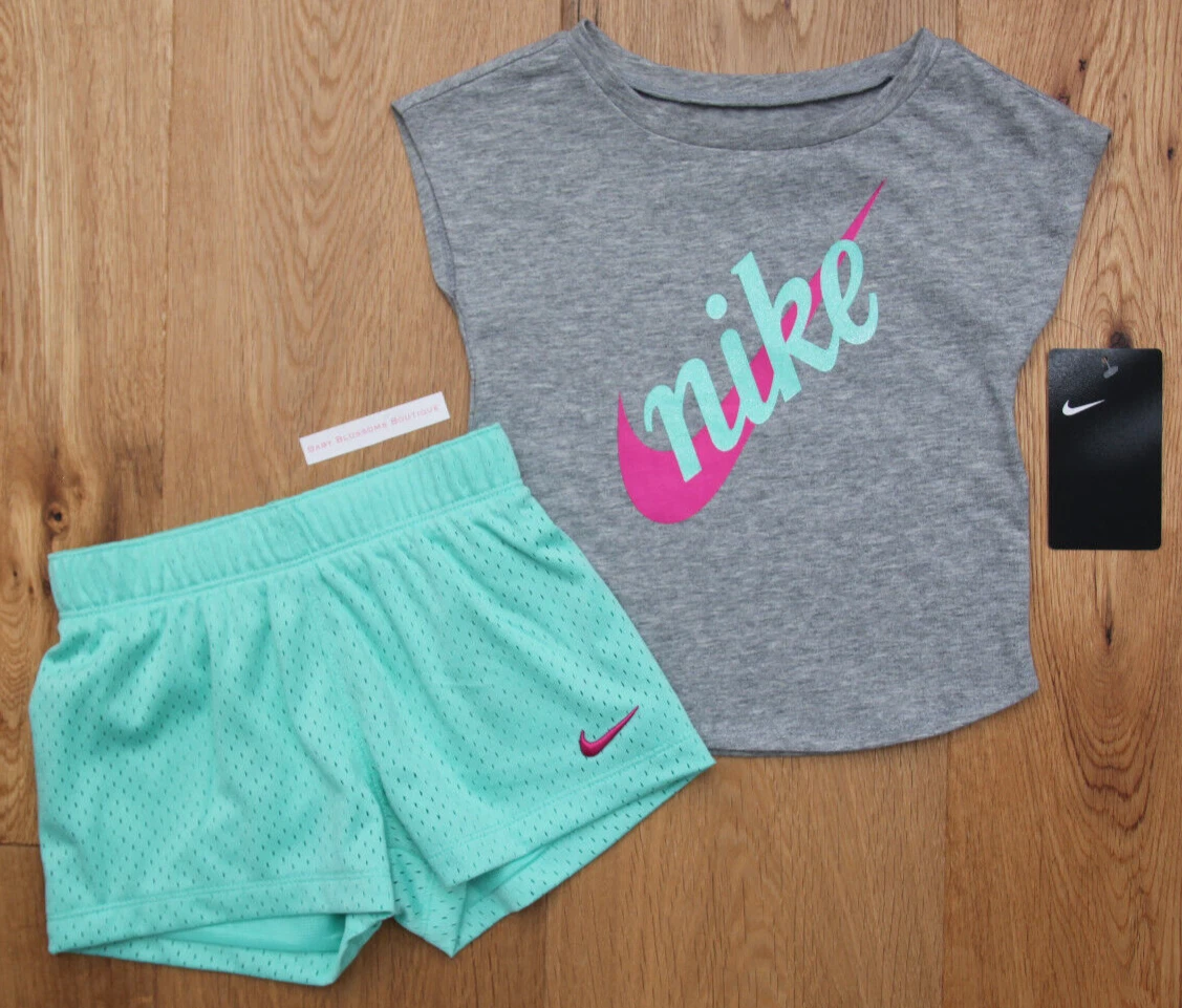 Nike Baby Girl Shirt & Mesh Shorts Set ~ Mint Green, Gray & Fuchsia ~