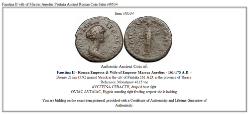 Faustina II moglie di Marco Aurelio Pautalia antica moneta romana Salus 4434 - Foto 3 di 3