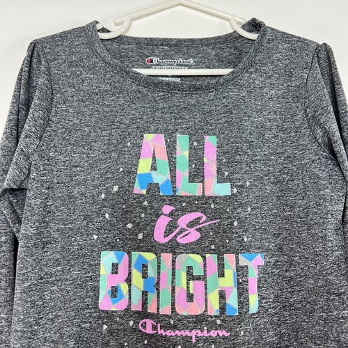 Champion Performance T Shirt Youth Girls Size 6 Gray Long Sleeve Crew Neck Tee - Picture 2 of 12