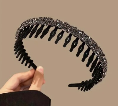Black Headband Silver Glitter Beaded Embellished Women Teen Hairband Accessory
