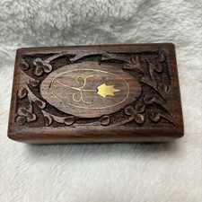 Vtg Hand Carved Wood Brass Inlay Trinket Keepsake Box Made in India