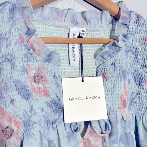 GRACE + KARMA | Womens Blue Floral Smocked Ruffle Blouse size 3X NEW Blue & Pink - Picture 7 of 15
