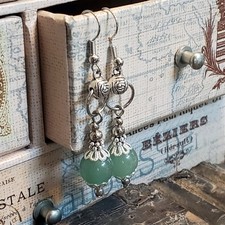 Green Malaysian Jade Gemstone Lacy Trim Silver Carved Rose Handcrafted Earrings