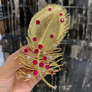 Authentic 2Ct Round Cut Lab-Created Ruby Large Feather Brooch Pin 14K Yellow Gold Plated