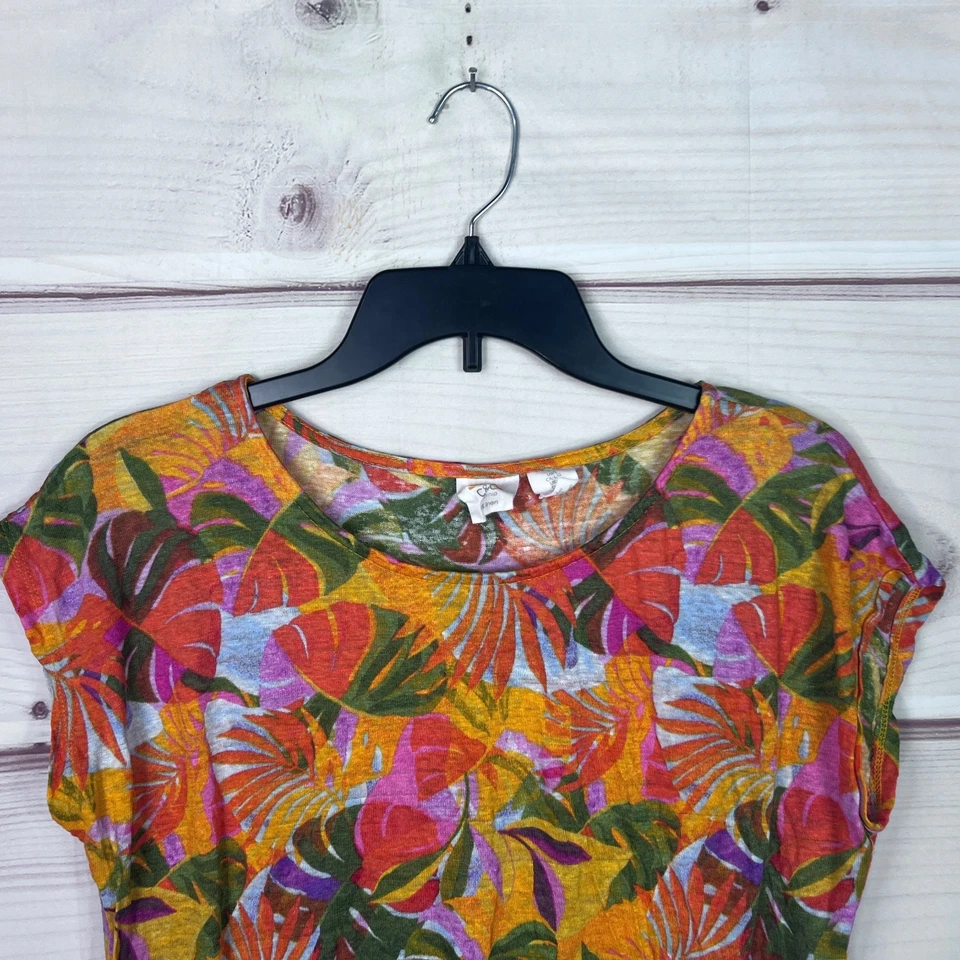 C&C California Top Mujer L Naranja Floral Camiseta Lino Tejido Colorido Pullover Foto 2 de 4