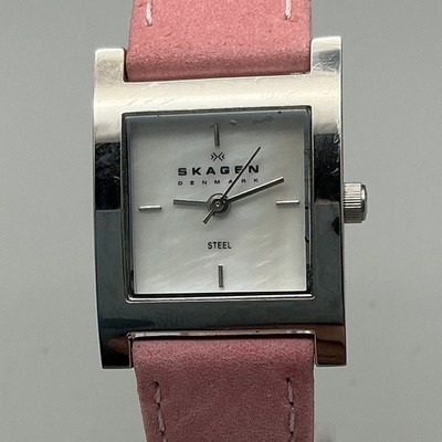 Skagen Womens Watch 21mm MOP Dial Steel Rectangle Pink Leather Band New Battery