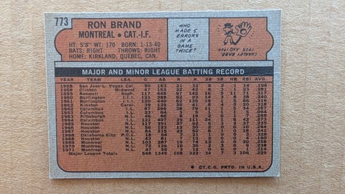 Tarjeta Topps Ron Brand 1972 #773 Montreal Expos - Imagen 2 de 2