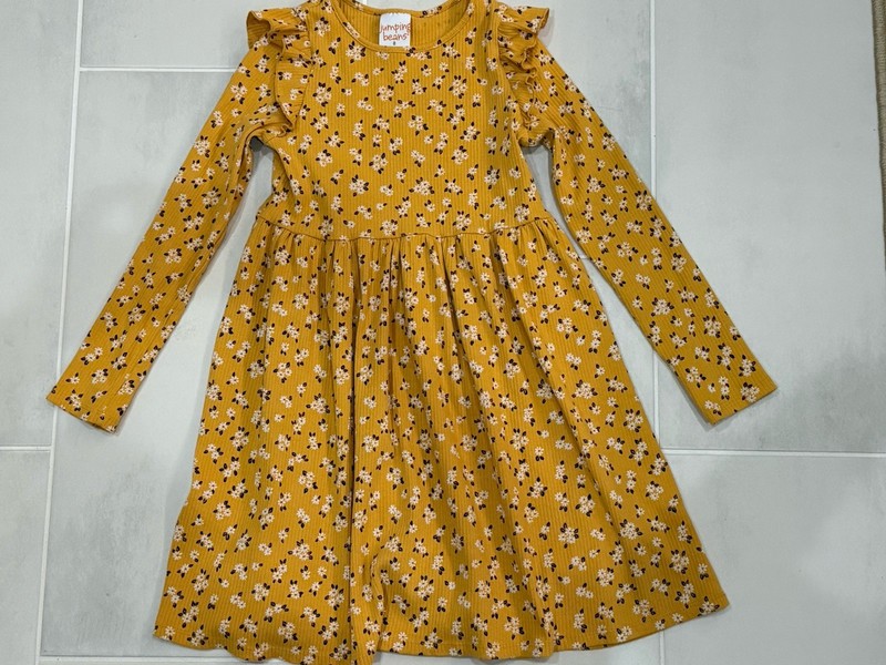 Girls Size 8 JUMPING BEANS Long-Sleeves w/Ruffle Gold Floral Fit & Flare Dress