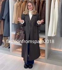 ZARA NEW WOMAN LONG WAXED TRENCH COAT CORDUROY CUFFS BELT DRK.BROWN 5854/728/716