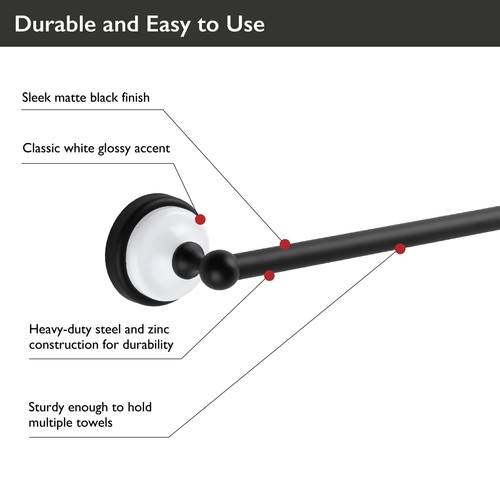 Design House Savannah Steel Towel Bar for Bathroom Matte Black and White 24-Inch - Picture 8 of 10