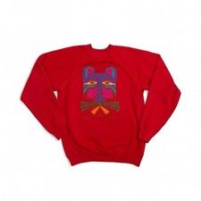 Vtg 80s Laurel Burch Cat Tiger Art Print Red Raglan Crewneck Sweatshirt YLarge