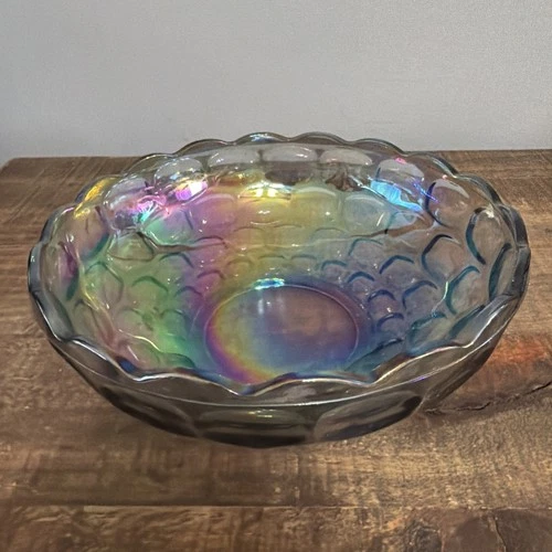 VTG Federal Glass Carnival Iridescent Gray Smoke 9.5” Thumbprint Serving Bowl