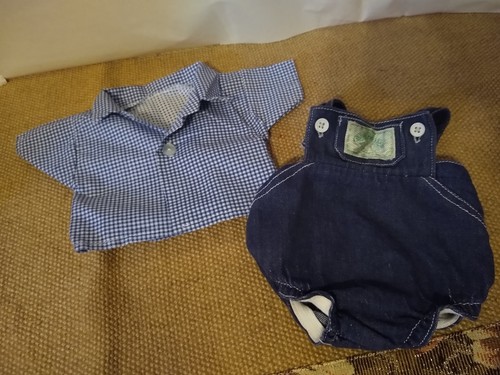 Cabbage Patch Denim bib Overall Shorts with Blue Checked Button Up Shirt 1983 - Imagen 3 de 5
