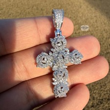 Cluster Cross 14k White Gold Plated Iced Pendant 1.5" Religious + Steel Rope