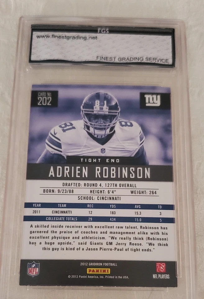 2012 Adrien Robinson Panini Gridiron #202 Rookie FGS graded GEM Mint 10 - Image 2 of 3