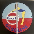 VINTAGE GULF BENDING LADY GASOLINE OIL PORCELAIN SIGN — photo 4
