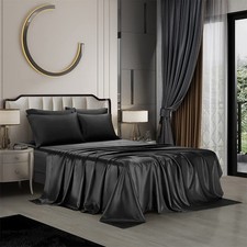 AiMay 6 Piece Satin Bedding Sheet Set Queen Black Deep Pocket 1800 Series Lux...