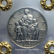 Vittorio Emanuele III - 5 Lire 1937 Impero - RARA - SPL /  FDC  - Periziata