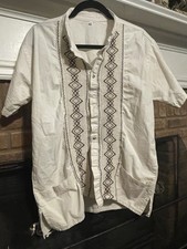 Mexican Artisan Shirt Mens Size Large Beige Guayabera Embroidered Beach Resort