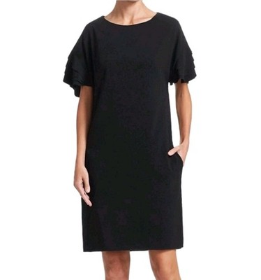 Akris Punto Black Short Layred Flutter Sleeve Shift Dress Pockets Sz 8 Chic Midi