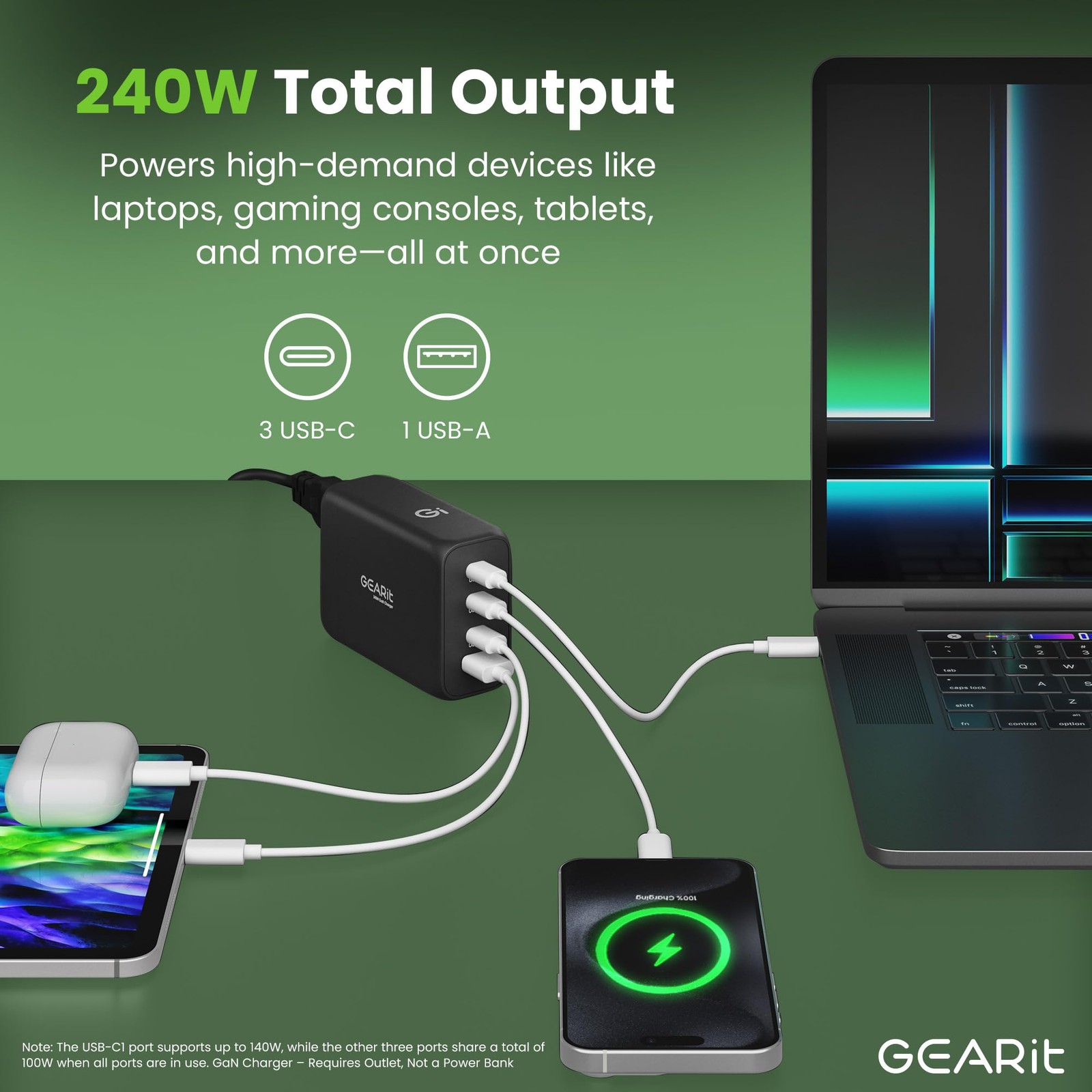 GEARit 240W USB C Charger Block Fast Charging 4-Port GaN Wall Charger PD 3.1